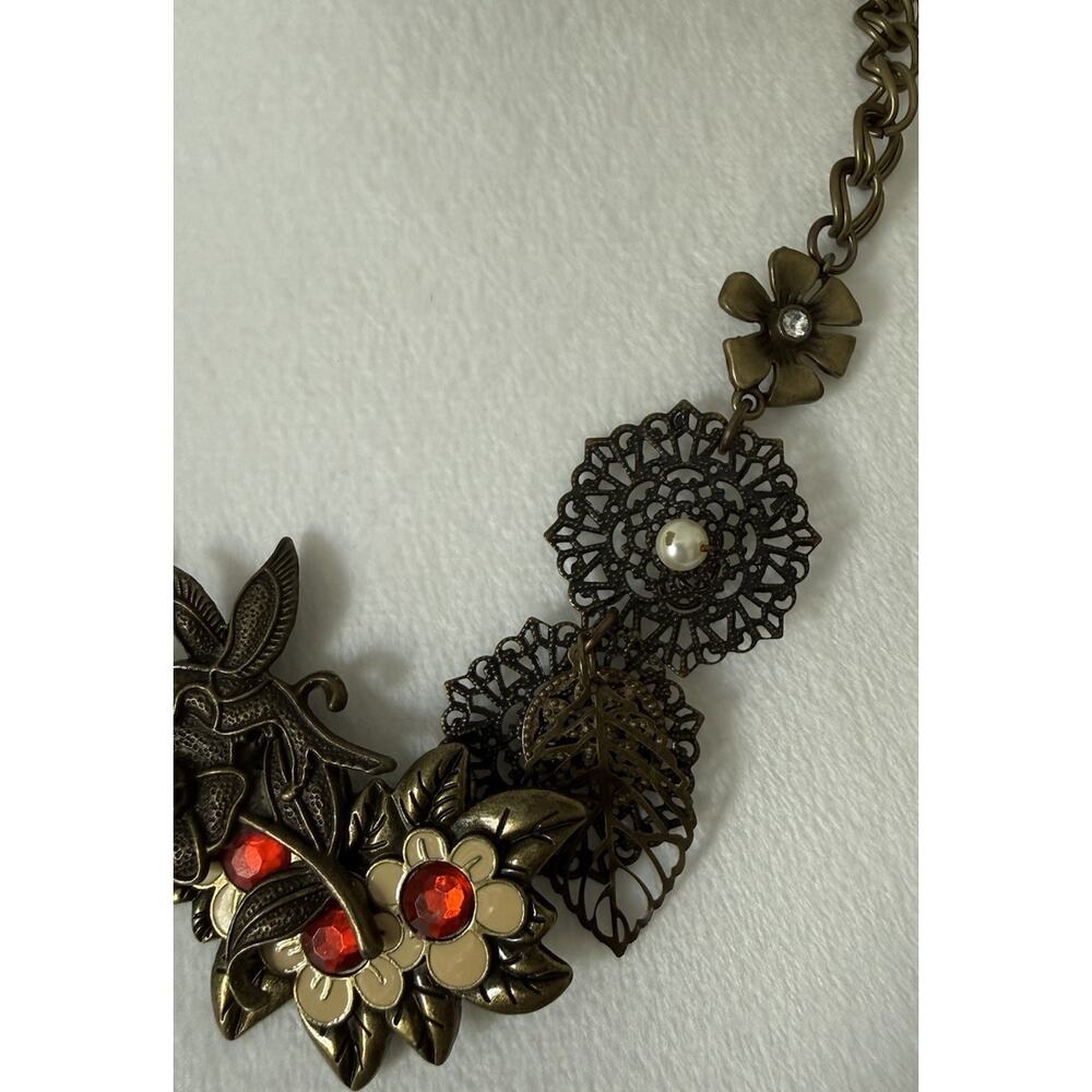 Vintage Statement Necklace Brass Tone Floral Bird Rhinestone Boho Bib Collage - Picture 5 of 10